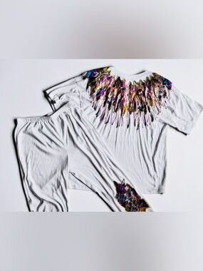 Vintage 80s Matching Set Womens Large White Beaded Fringe Lounge Outfit